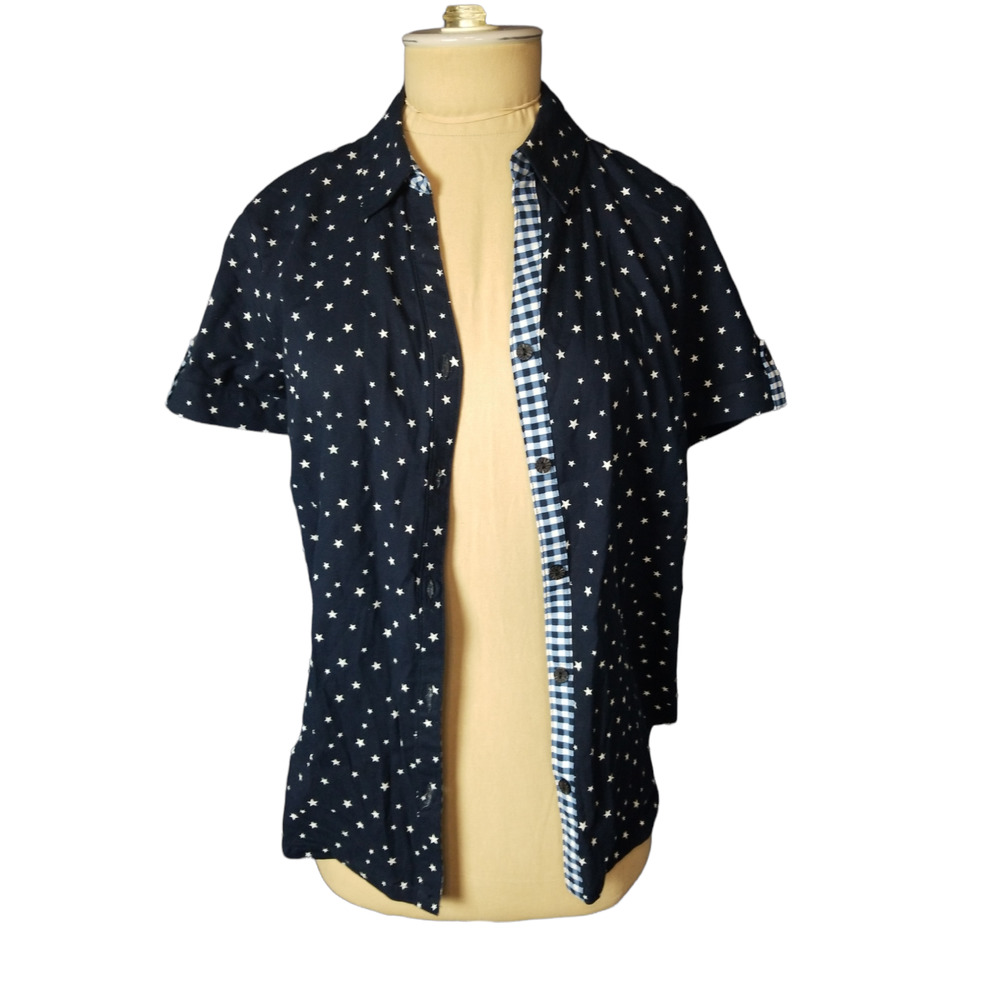 Erika Navy Blue White Stars Button Down Blouse Petite Small